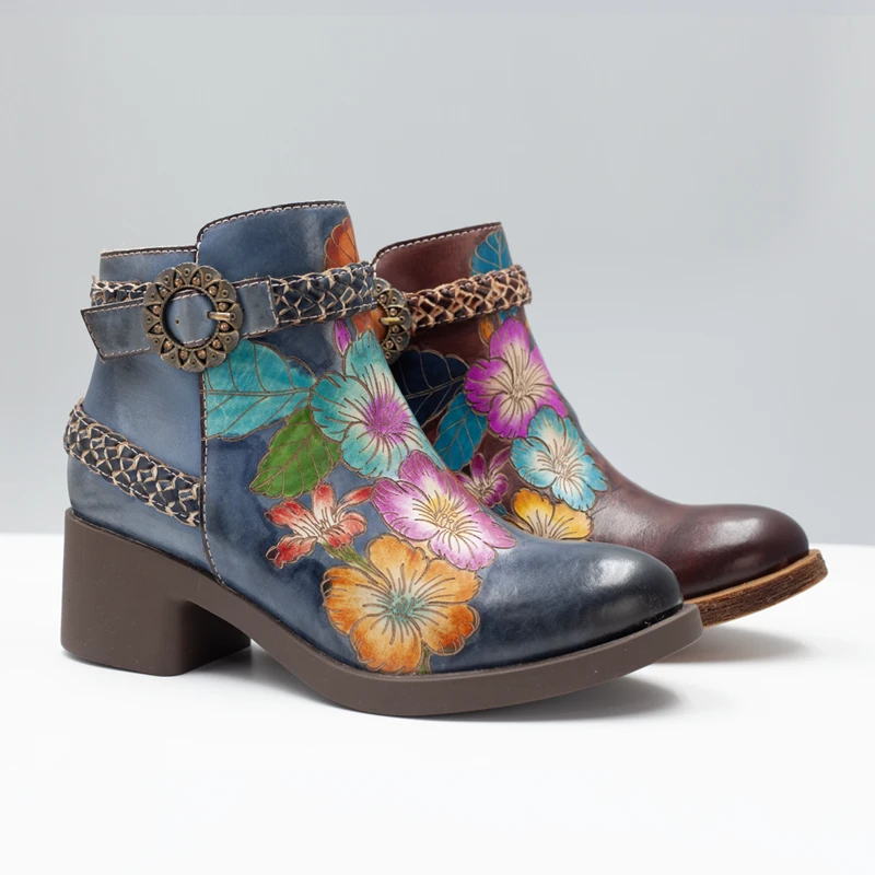 Hand-Leren enkellaarsjes met bloemenprint
